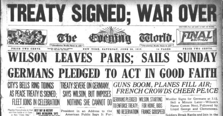 Newspaper Headline Announcing Treaty of Versailles